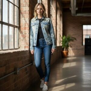 Robin's Jean Denim Jacket Embellished Light Wash Trucker Motorcycle USA